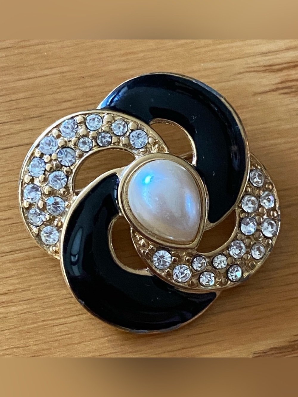 Monet Black Enamel & Faux Pearl Crystal Statement Brooch